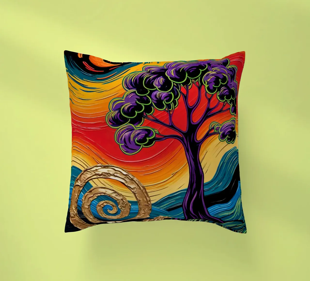 Twilight's Embrace: Purple Tree & Golden Spheres Fine Art Pr cuscino da IMAGINE ART