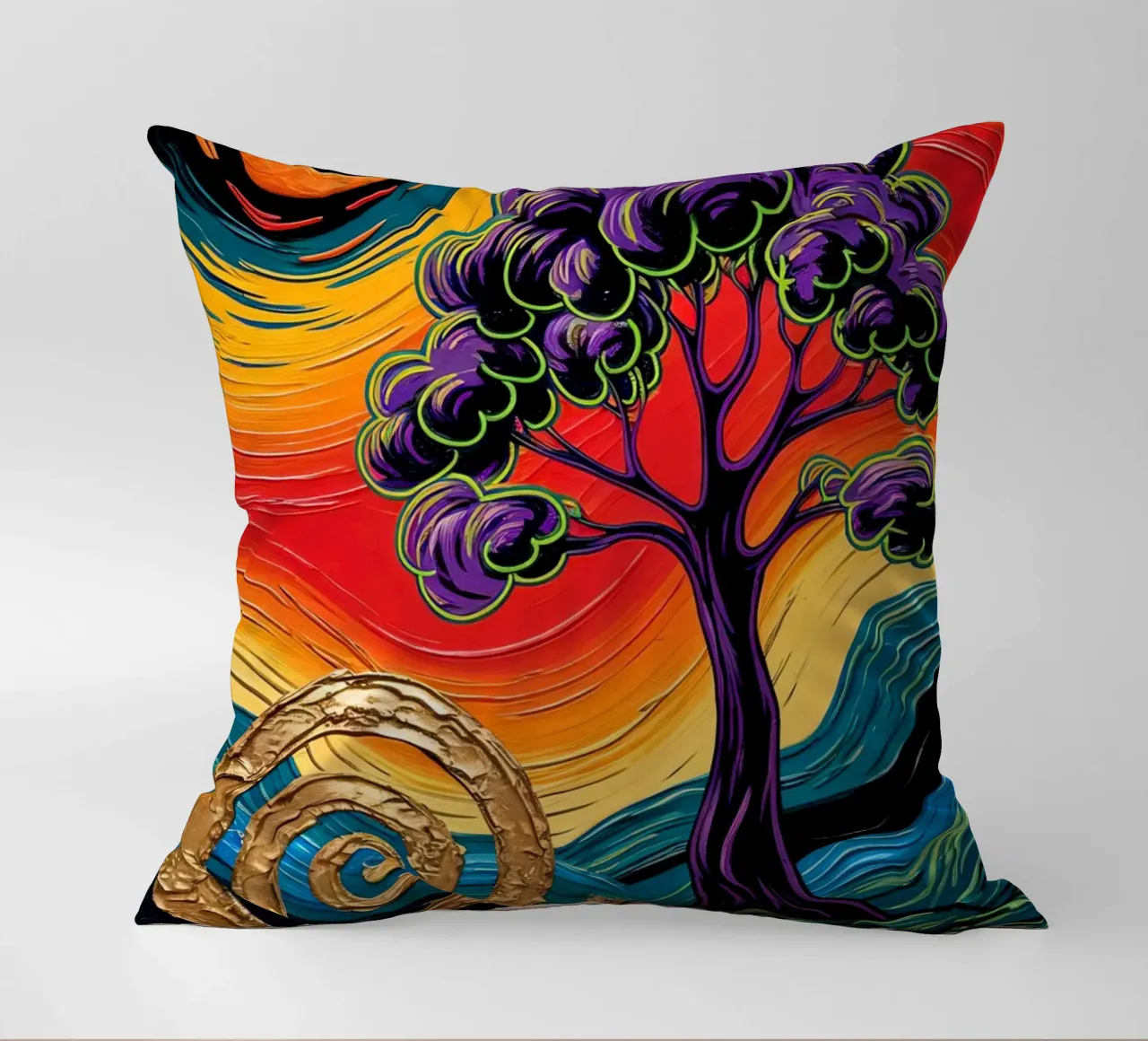 Twilight's Embrace: Purple Tree & Golden Spheres Fine Art Pr cuscino da IMAGINE ART