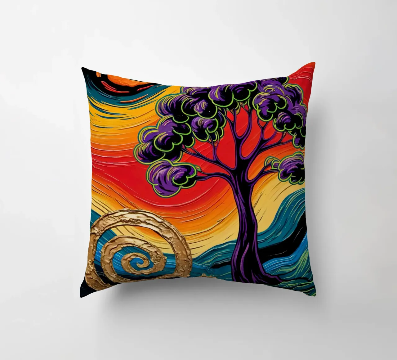Twilight's Embrace: Purple Tree & Golden Spheres Fine Art Pr cuscino da IMAGINE ART