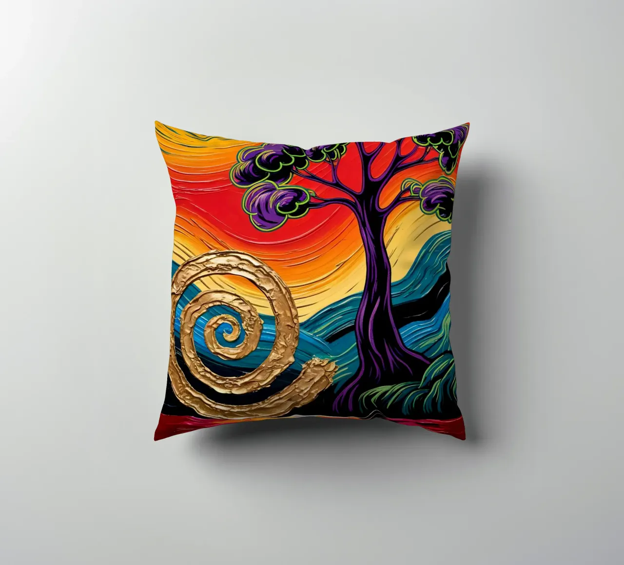 Twilight's Embrace: Purple Tree & Golden Spheres Fine Art Pr cuscino da IMAGINE ART