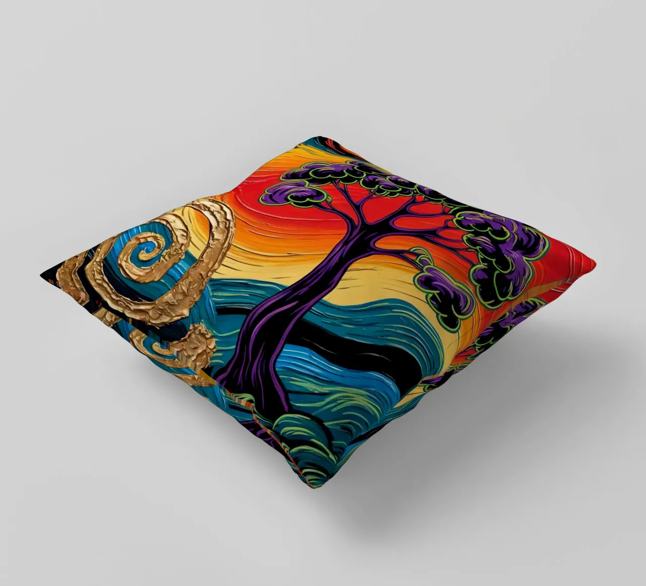 Twilight's Embrace: Purple Tree & Golden Spheres Fine Art Pr cuscino da IMAGINE ART