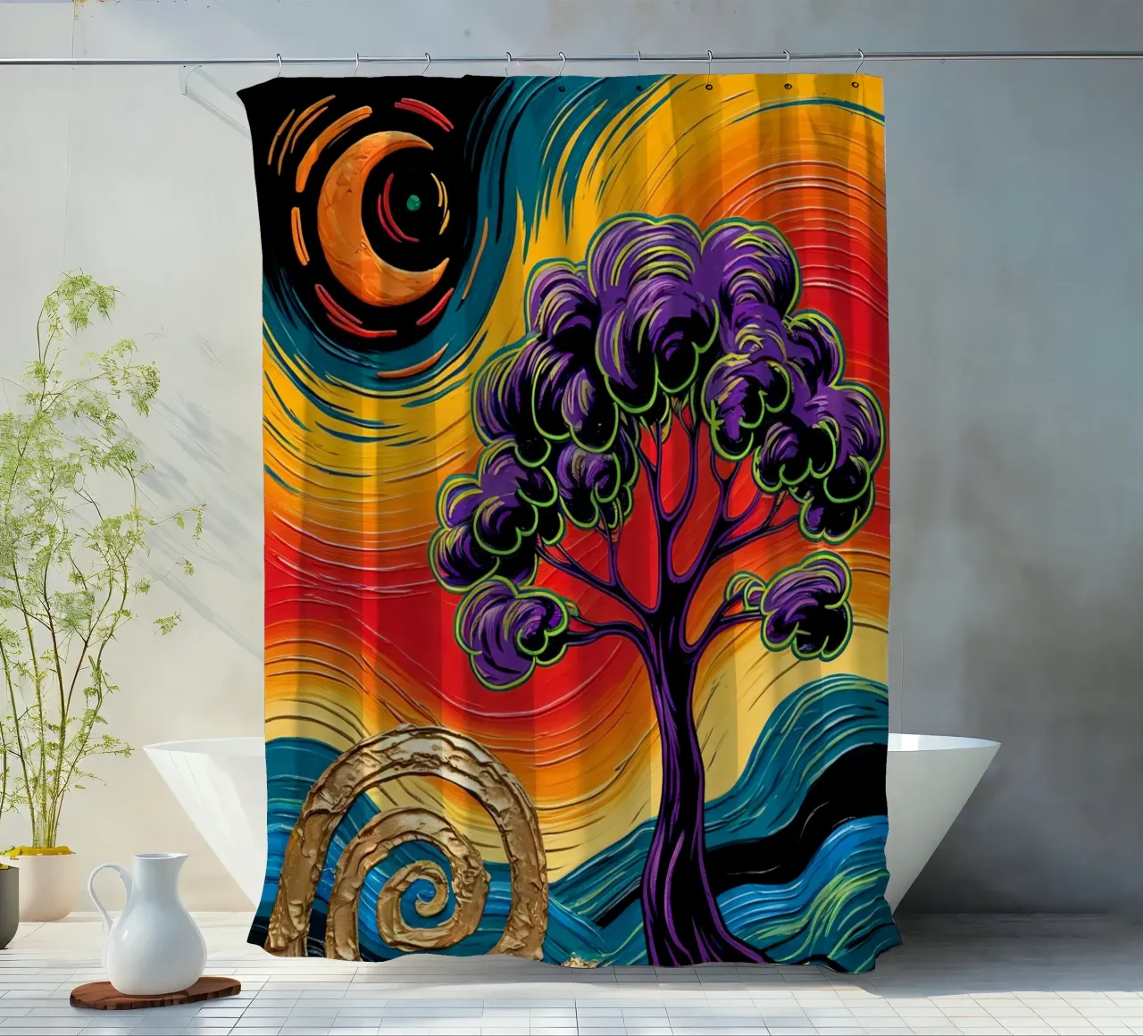 Twilight's Embrace: Purple Tree & Golden Spheres Fine Art Pr tenda da doccia da IMAGINE ART