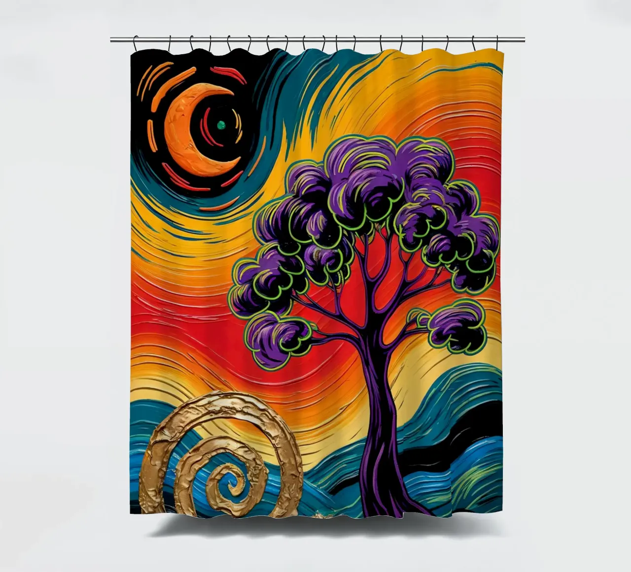 Twilight's Embrace: Purple Tree & Golden Spheres Fine Art Pr tenda da doccia da IMAGINE ART