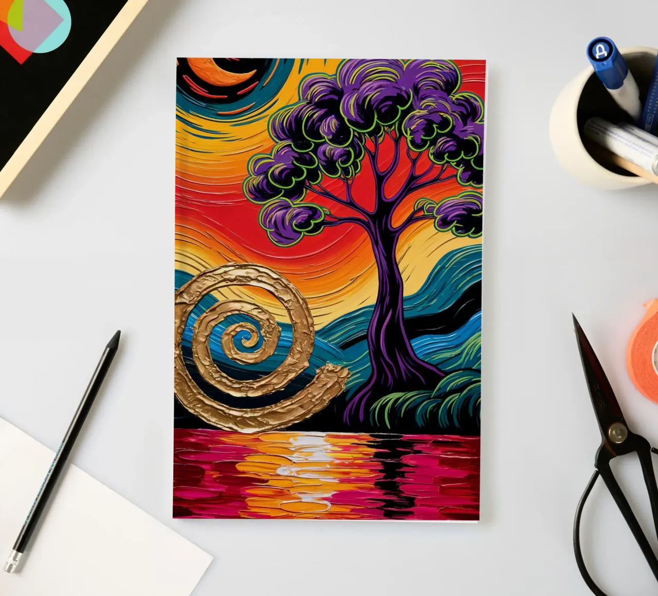 Twilight's Embrace: Purple Tree & Golden Spheres Fine Art Pr diario da IMAGINE ART