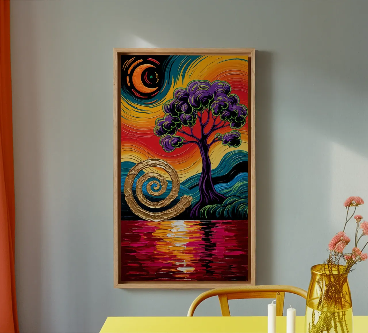 Twilight's Embrace: Purple Tree & Golden Spheres Fine Art Pr tela da IMAGINE ART