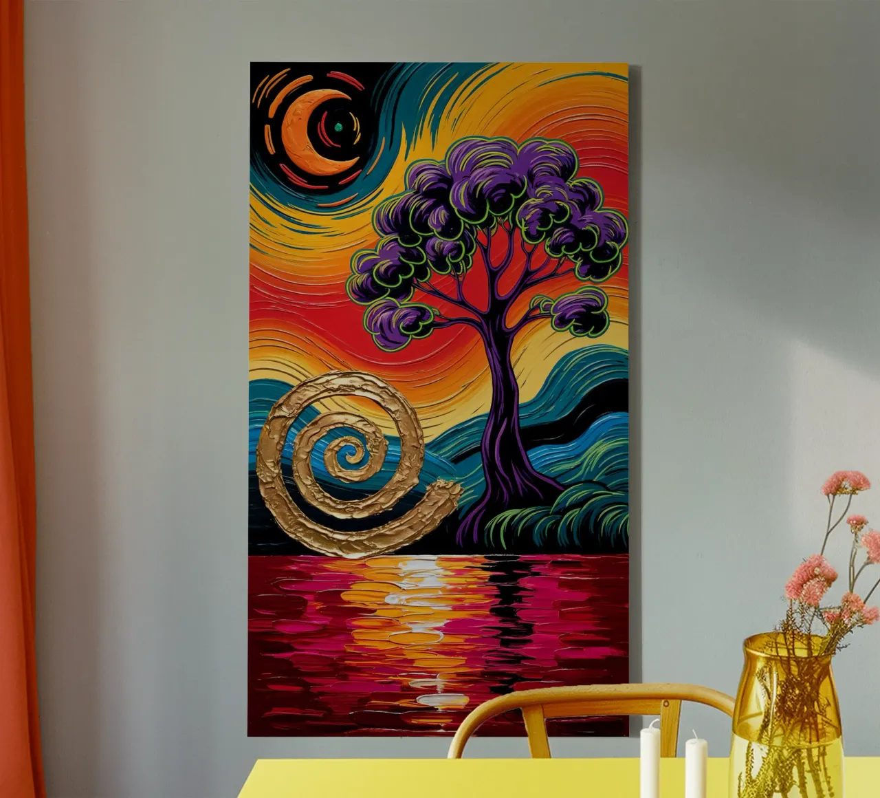 Twilight's Embrace: Purple Tree & Golden Spheres Fine Art Pr tela da IMAGINE ART