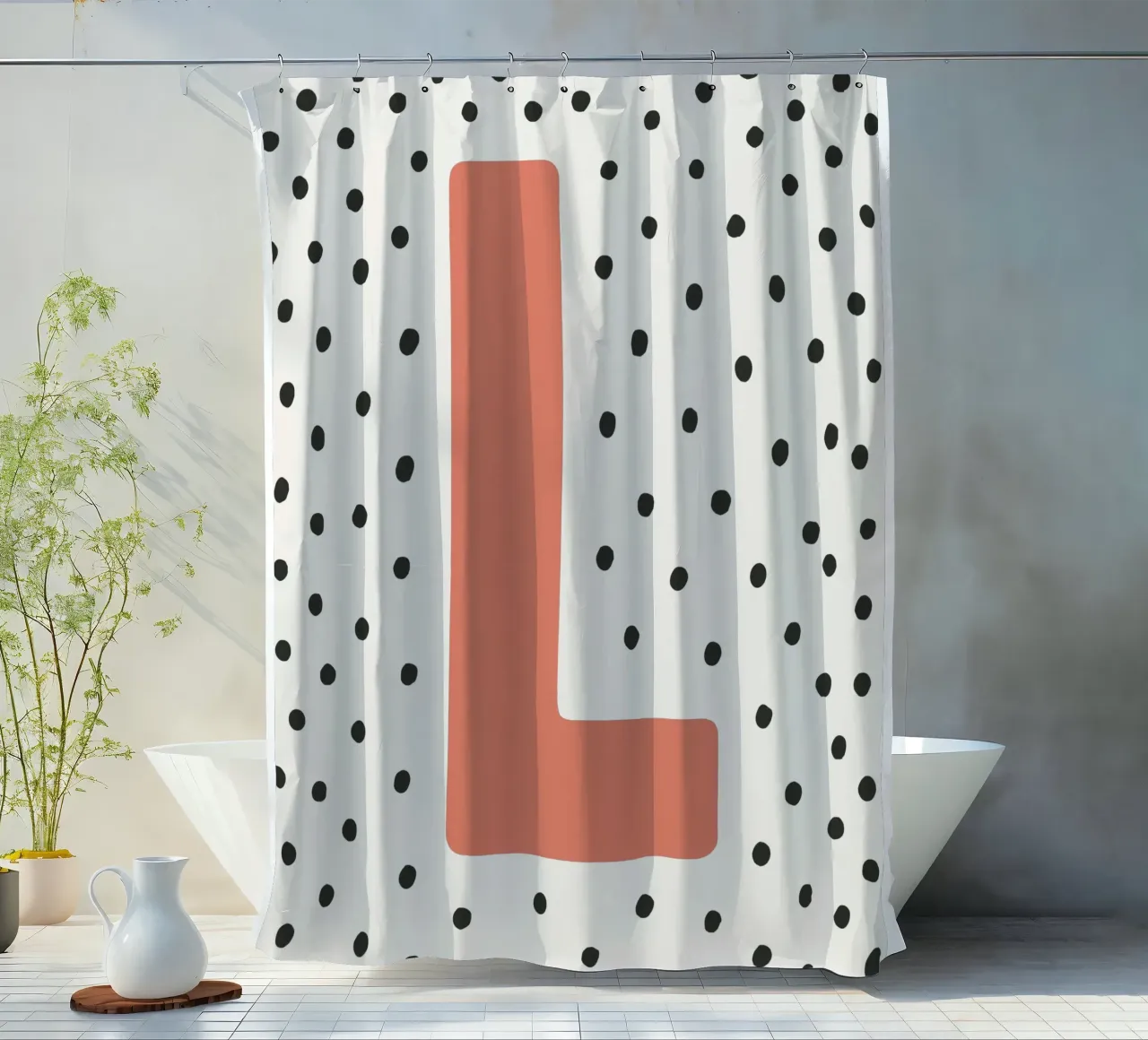Initial L on dot pattern - Scandinavian style shower curtain by KidzStudio