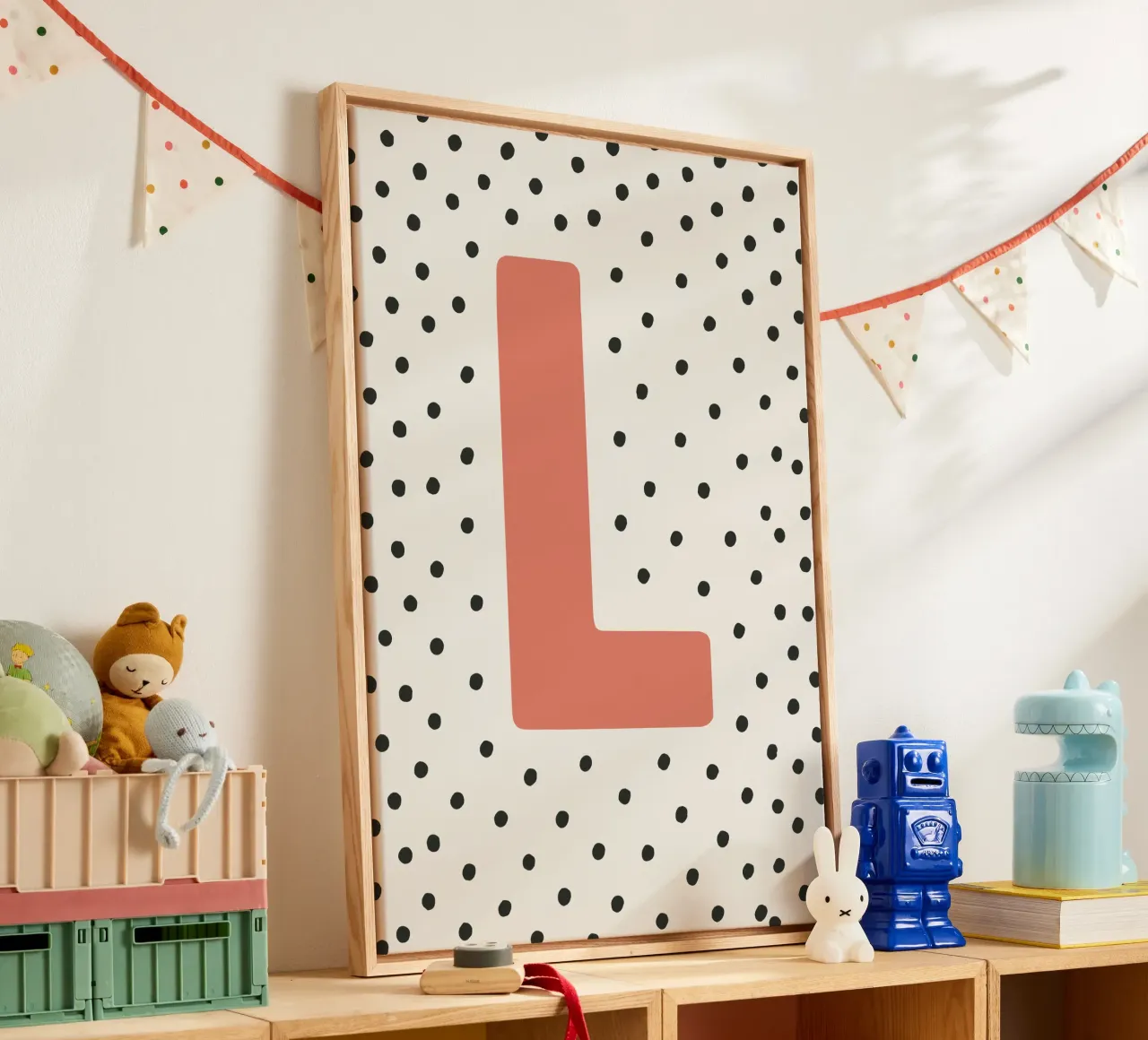 Initial L on dot pattern - Scandinavian style canvas with Floater frame by KidzStudio