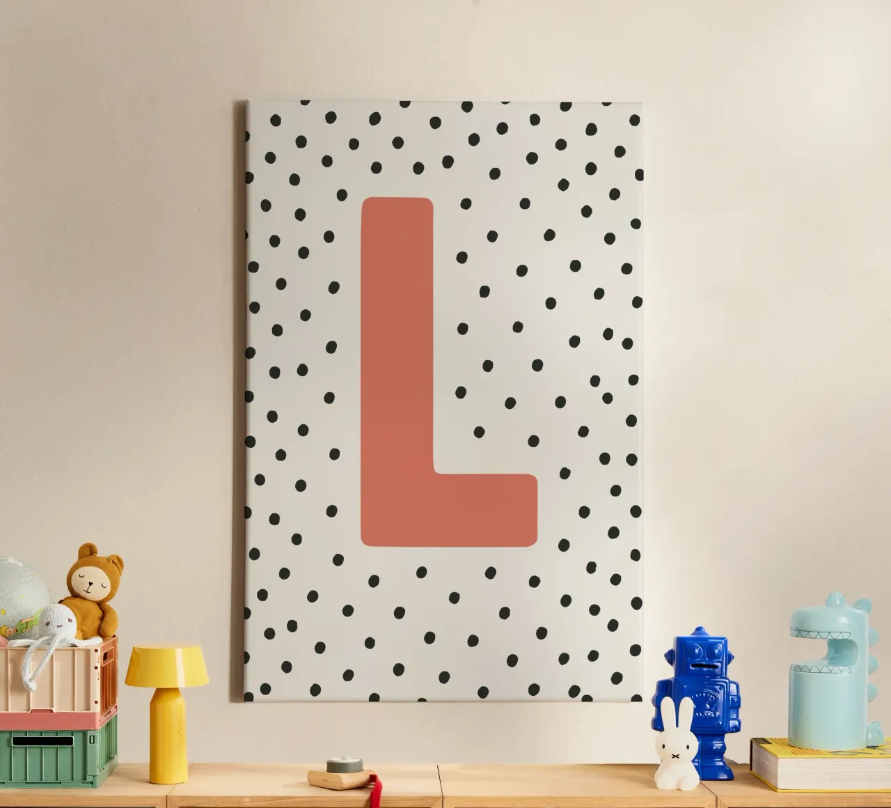 Initial L on dot pattern - Scandinavian style canvas with Floater frame by KidzStudio
