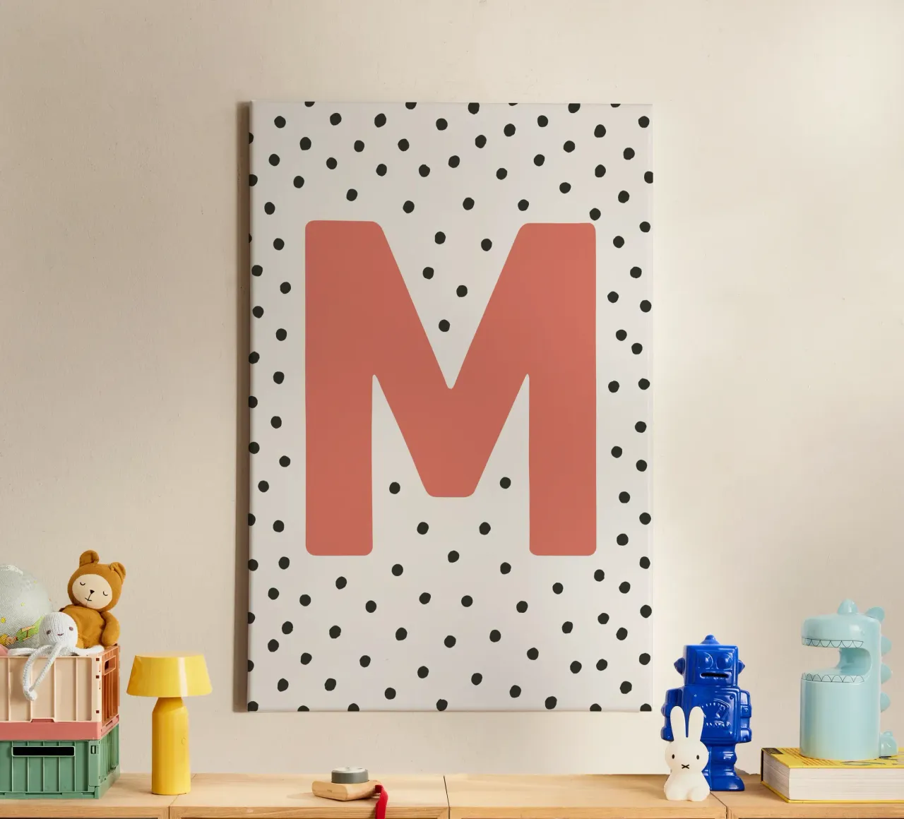 Initial M on dot pattern - Scandinavian style canvas by KidzStudio