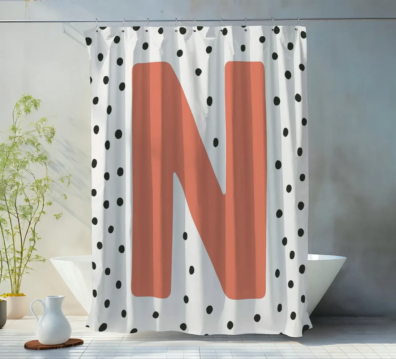 Initial N on dot pattern - Scandinavian style shower curtain by KidzStudio