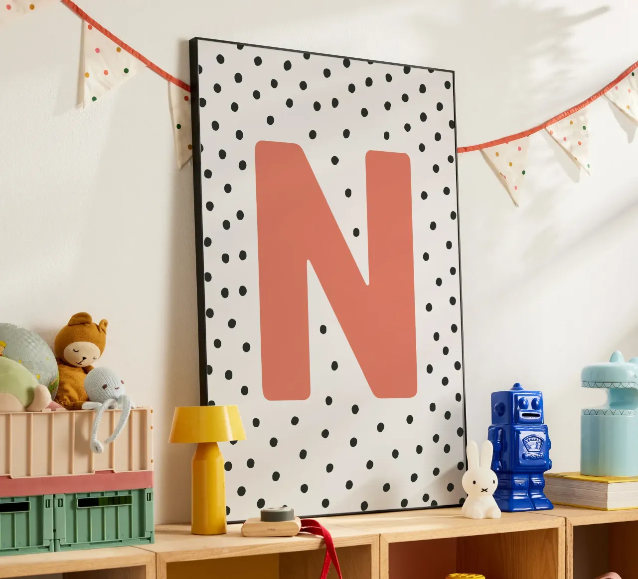 Initial N on dot pattern - Scandinavian style alu-dibond by KidzStudio