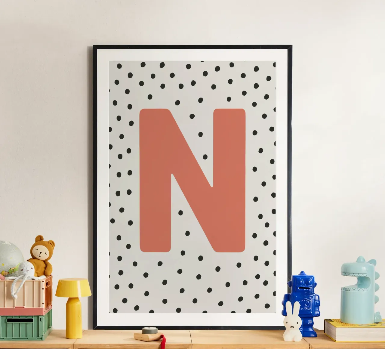 Initial N on dot pattern - Scandinavian style poster with plastic frame by KidzStudio