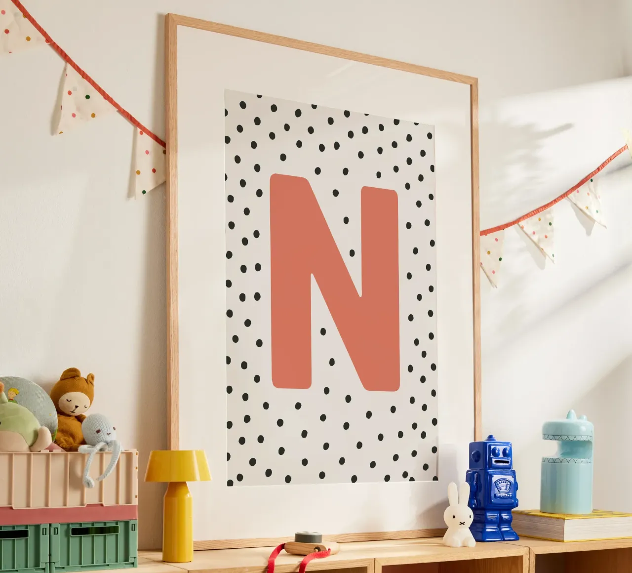 Initial N on dot pattern - Scandinavian style poster with plastic frame by KidzStudio