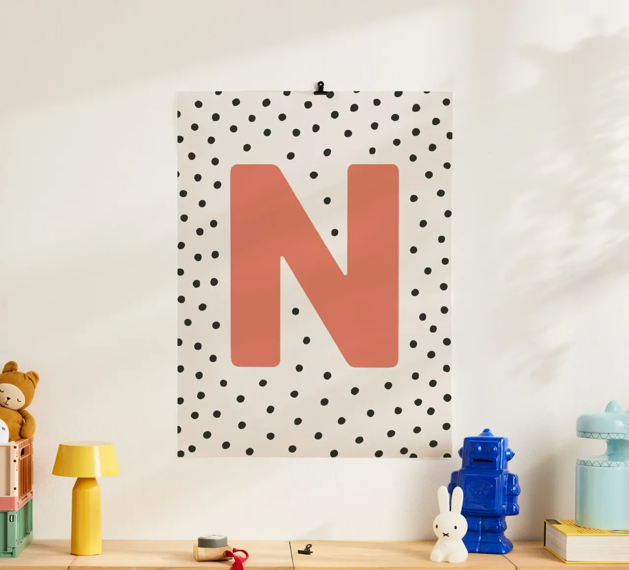 Initial N on dot pattern - Scandinavian style poster with plastic frame by KidzStudio
