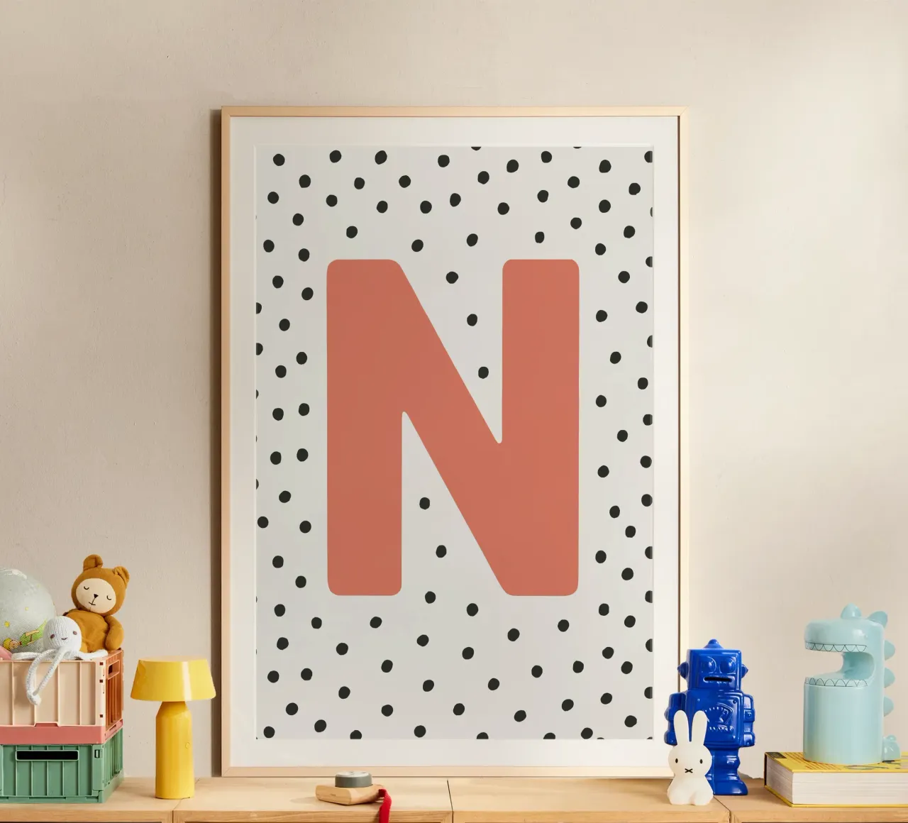 Initial N on dot pattern - Scandinavian style poster with plastic frame by KidzStudio