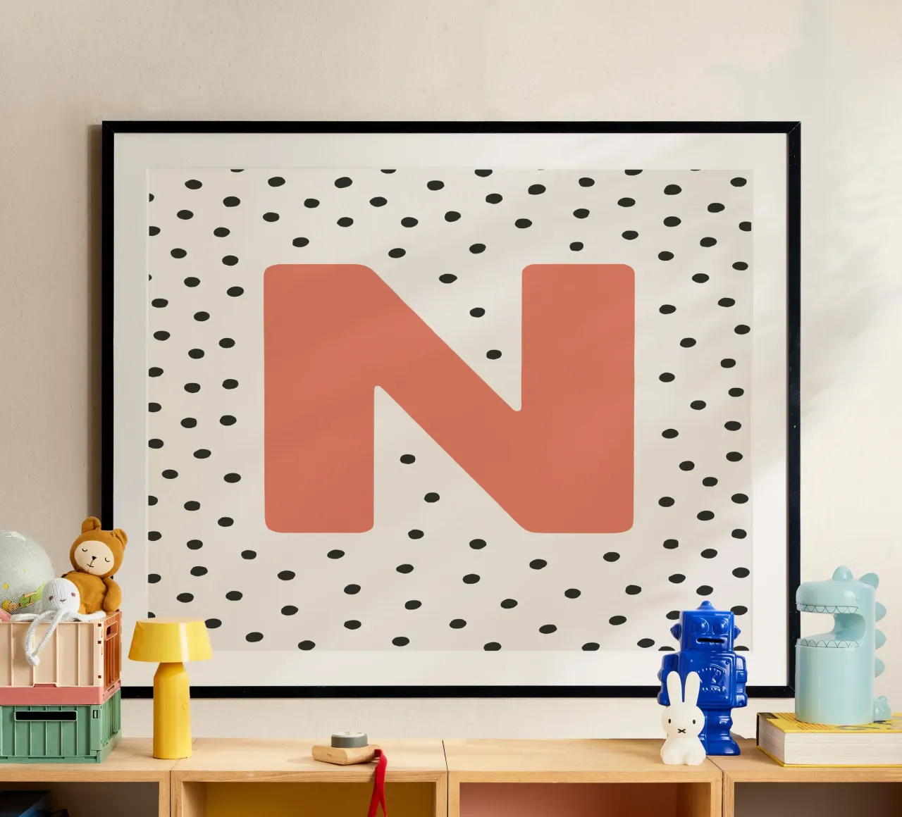 Initial N on dot pattern - Scandinavian style poster with plastic frame by KidzStudio