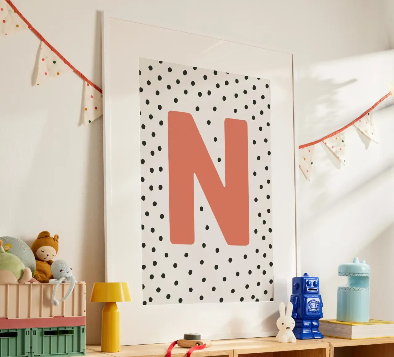 Initial N on dot pattern - Scandinavian style poster with plastic frame by KidzStudio