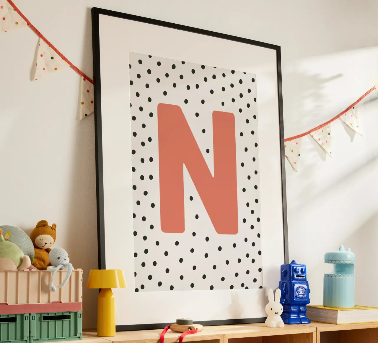 Initial N on dot pattern - Scandinavian style poster with plastic frame by KidzStudio