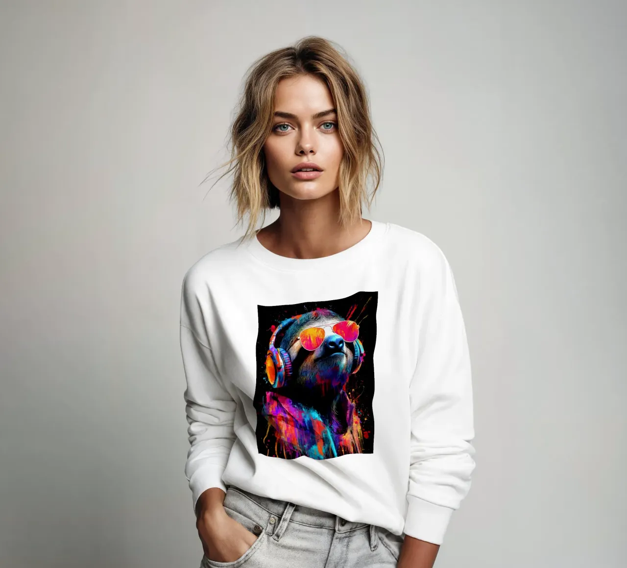 Cool animals: funky sloth with headphones and sunglasses sweatshirt by SlothStella