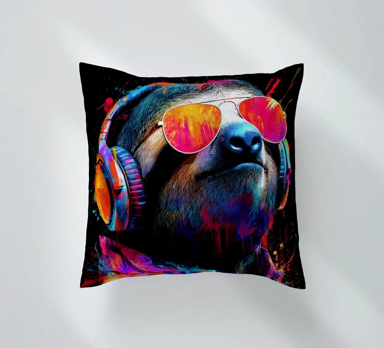 Cool animals: funky sloth with headphones and sunglasses decorative cushion by SlothStella