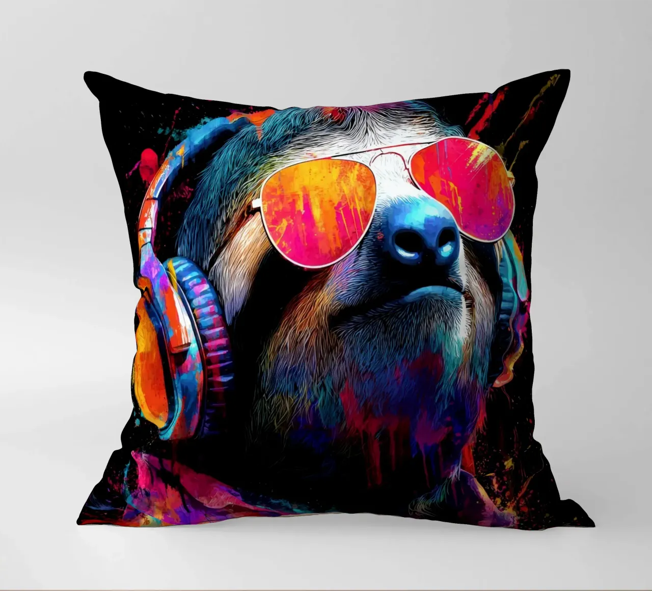 Cool animals: funky sloth with headphones and sunglasses decorative cushion by SlothStella