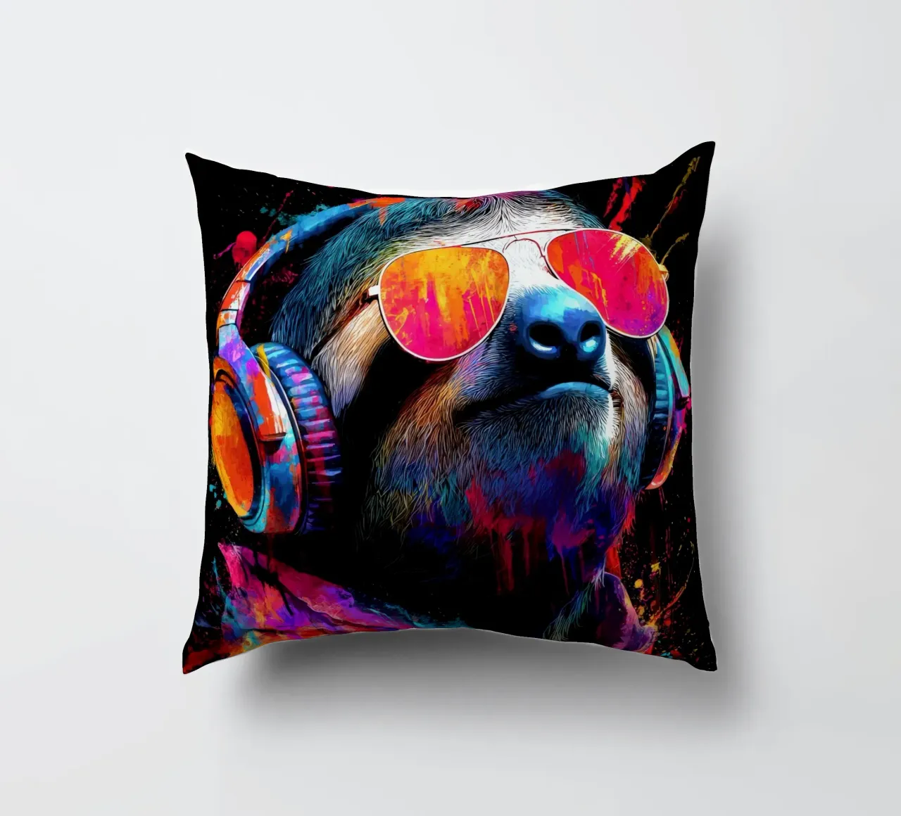Cool animals: funky sloth with headphones and sunglasses decorative cushion by SlothStella