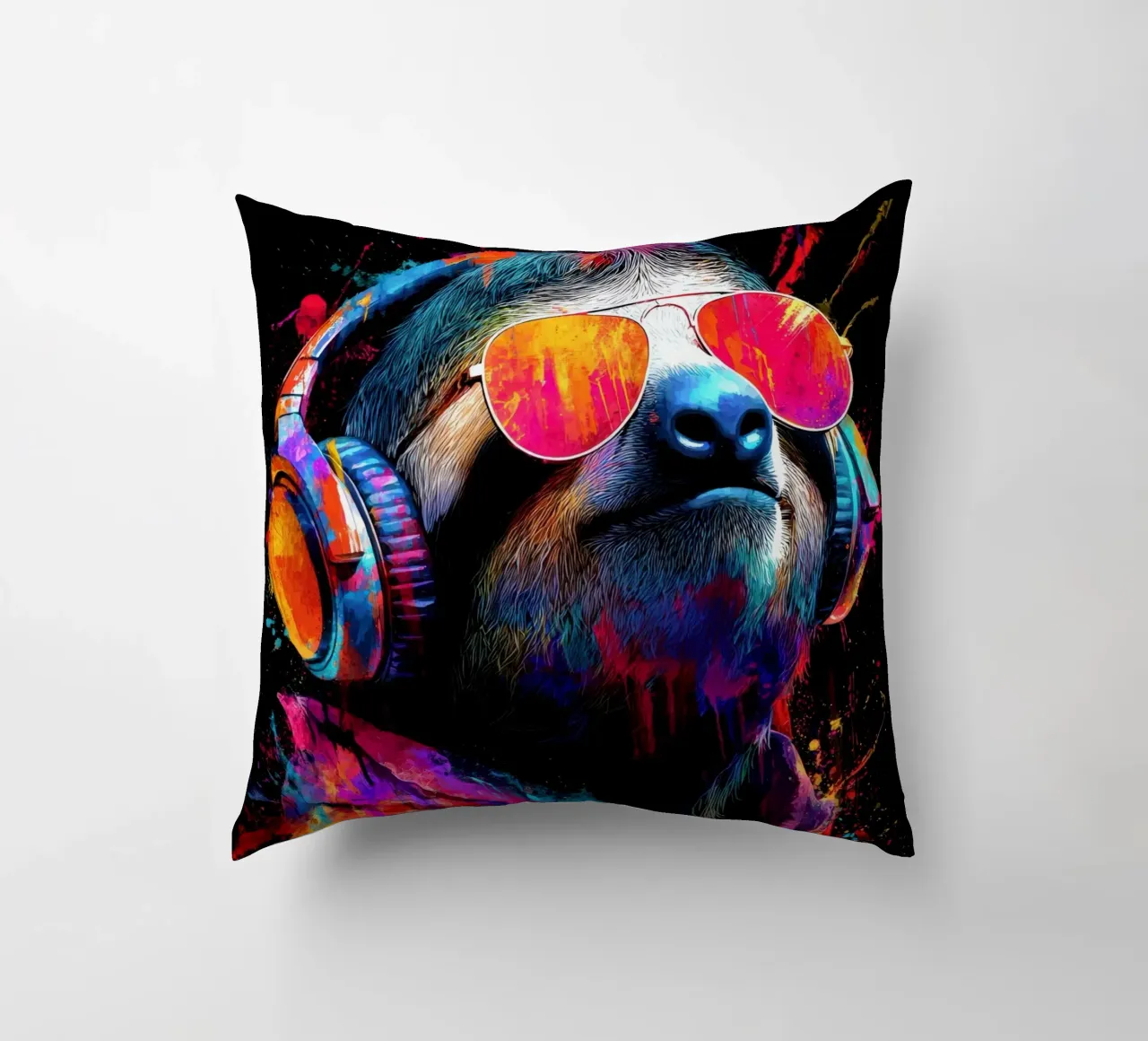 Cool animals: funky sloth with headphones and sunglasses decorative cushion by SlothStella