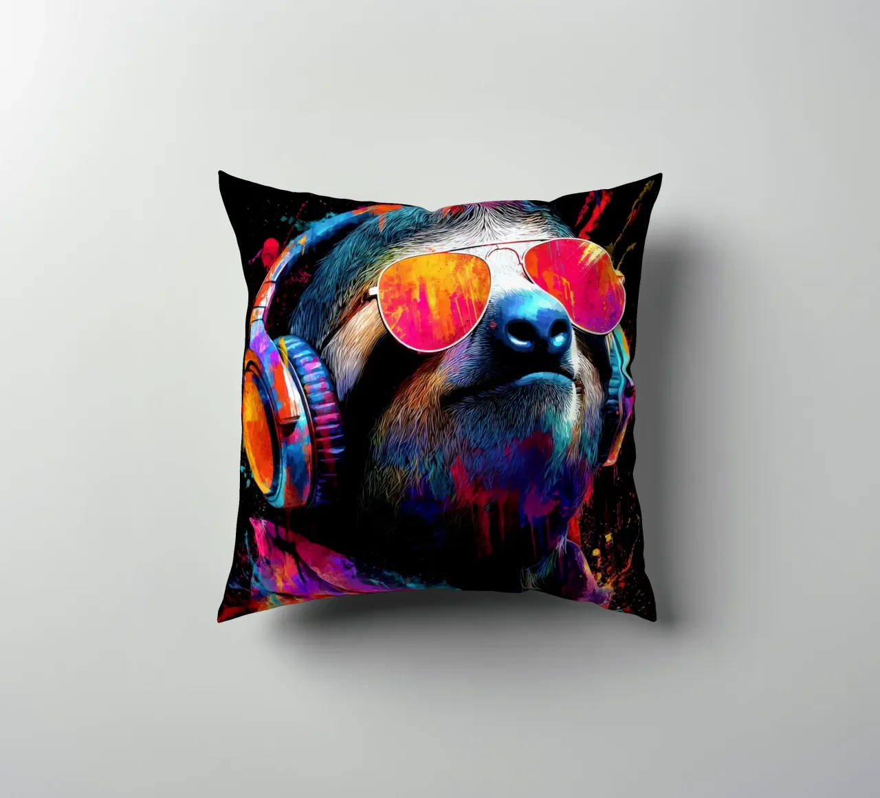 Cool animals: funky sloth with headphones and sunglasses decorative cushion by SlothStella