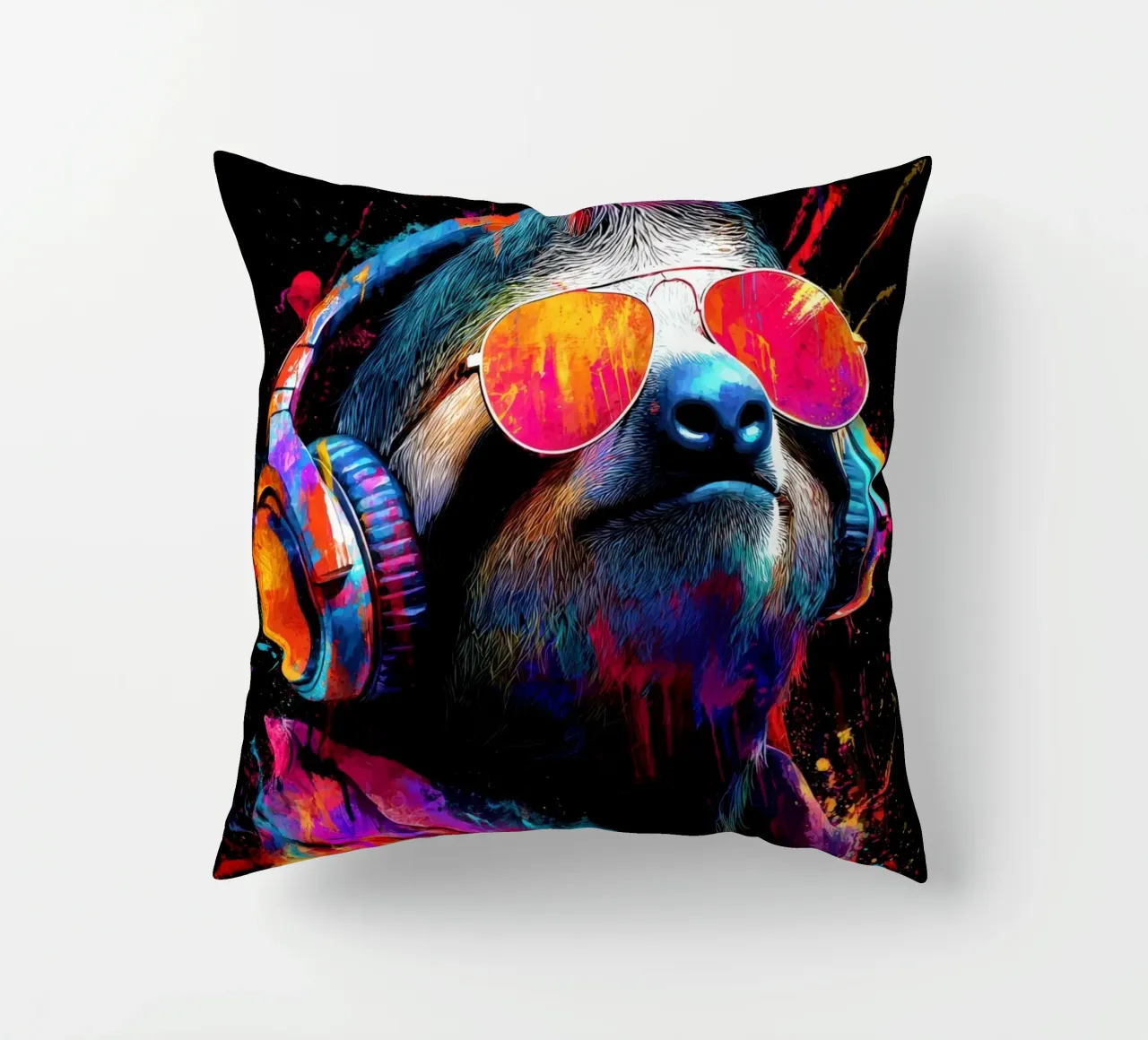 Cool animals: funky sloth with headphones and sunglasses decorative cushion by SlothStella