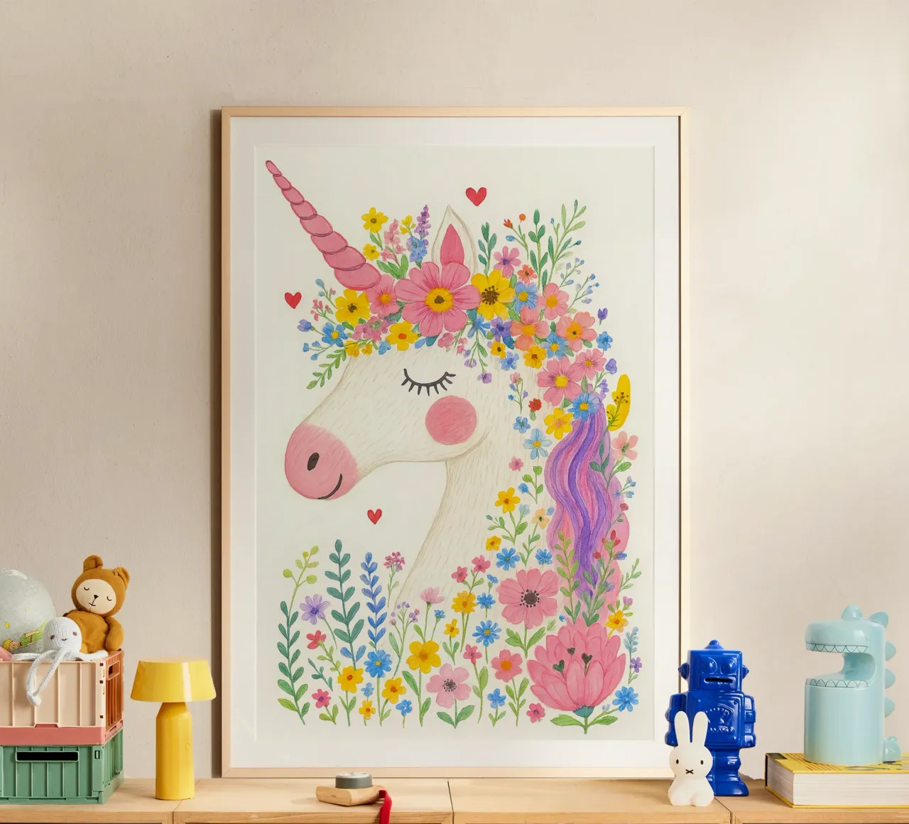 Unicorno fiorito con cuore - Incantevole poster per bambini poster con telaio in plastica da KidzStudio