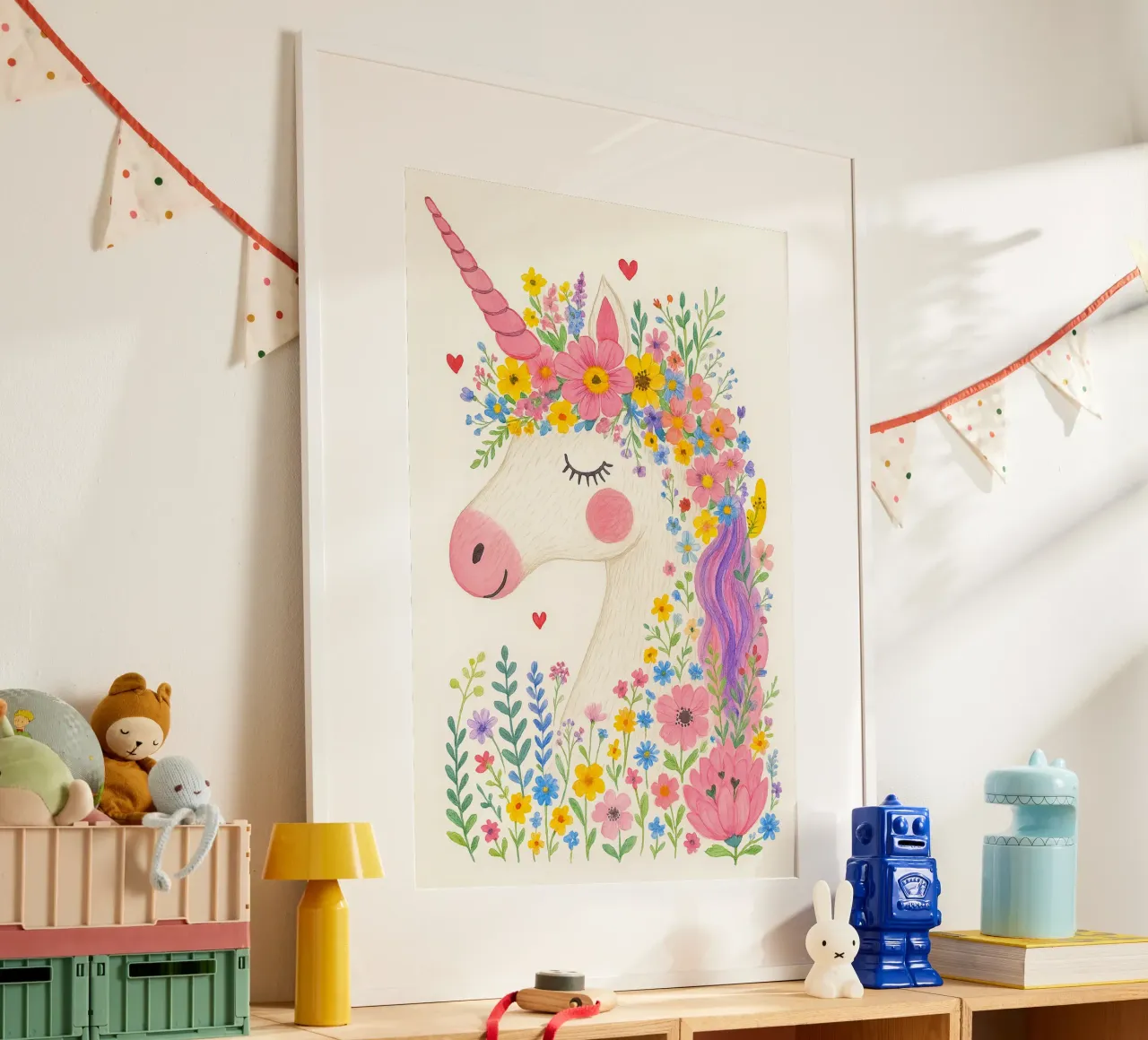 Unicorno fiorito con cuore - Incantevole poster per bambini poster con telaio in plastica da KidzStudio