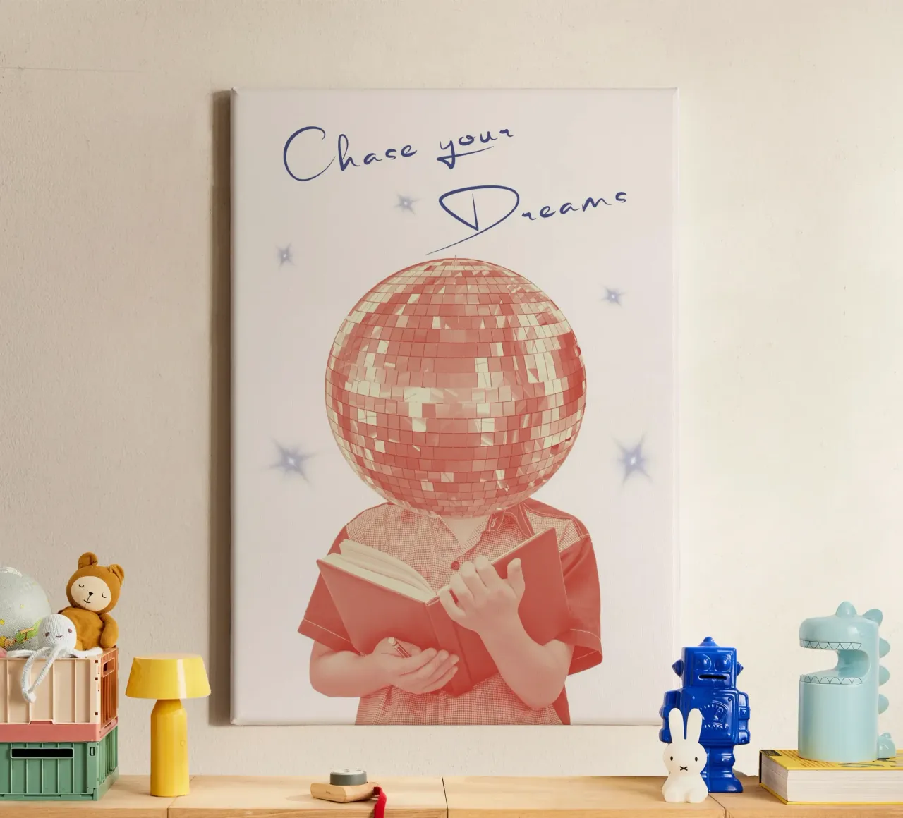 "Rode Disco Bal Kunstdruk "Jaag je dromen na canvas met Baklijst van homdeco