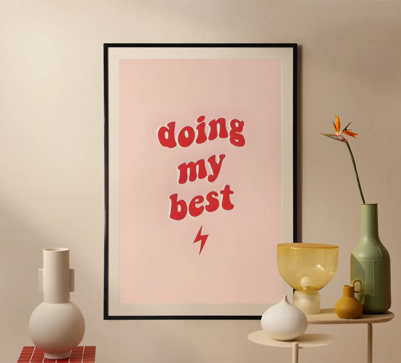 Stampa estetica retrò "Doing My Best" in rosso e rosa poster con telaio in alluminio da homdeco