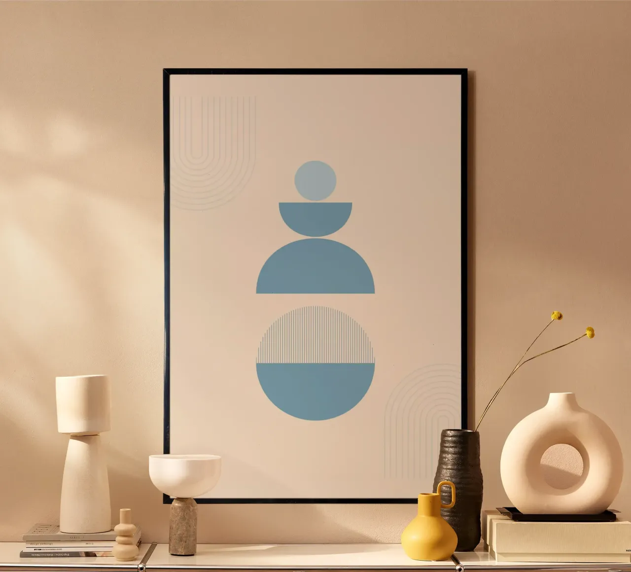 Abstract Balans Blauw Geometrische Boho Kunstdruk poster met kunststof frame van homdeco