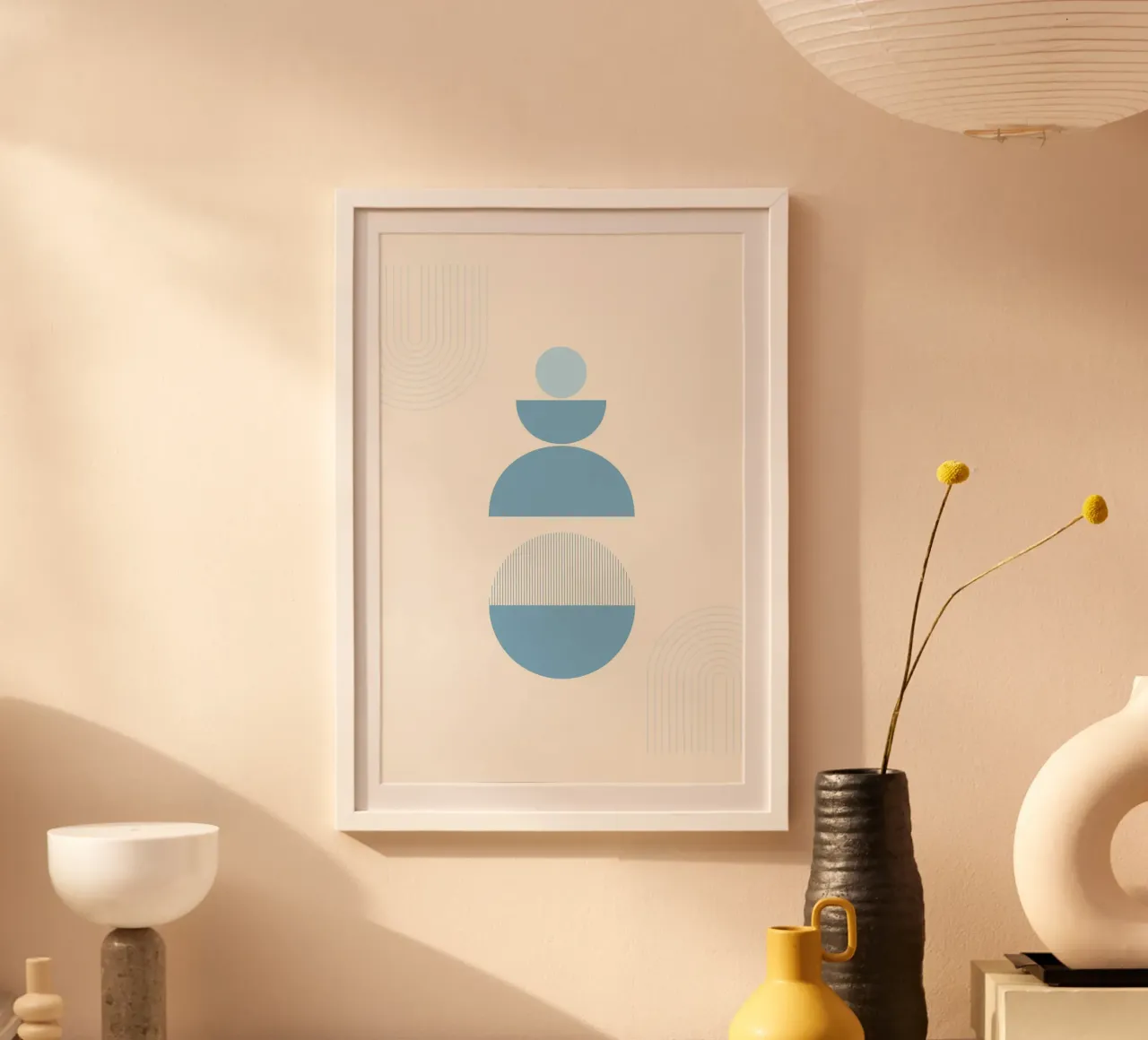 Abstract Balans Blauw Geometrische Boho Kunstdruk poster met kunststof frame van homdeco