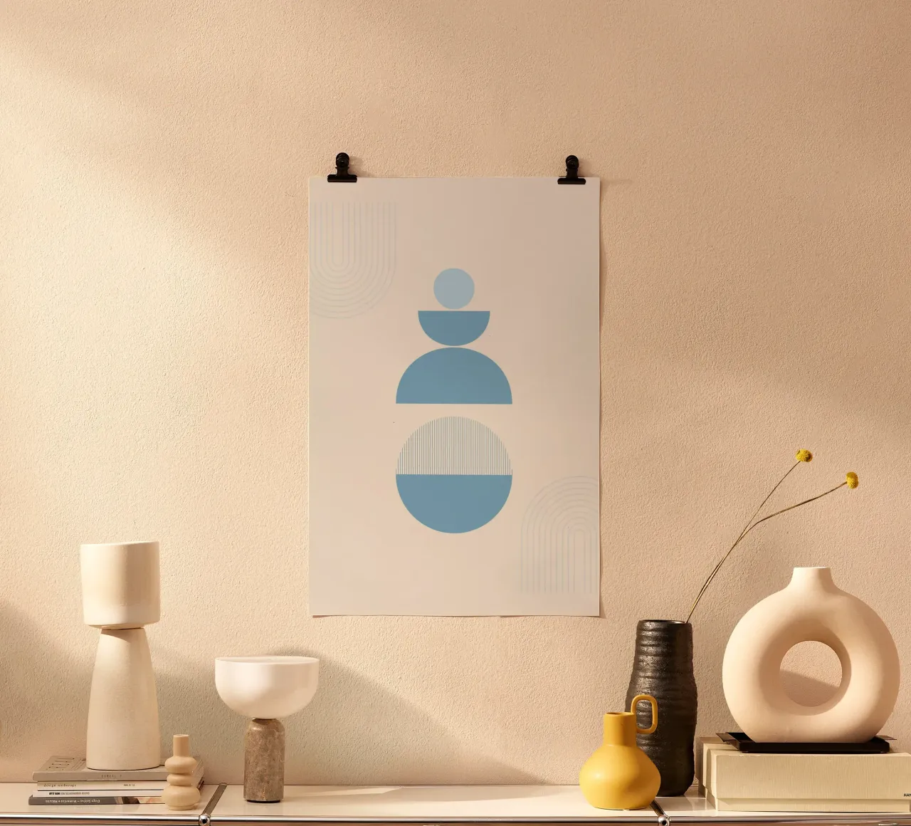 Abstract Balans Blauw Geometrische Boho Kunstdruk poster met kunststof frame van homdeco
