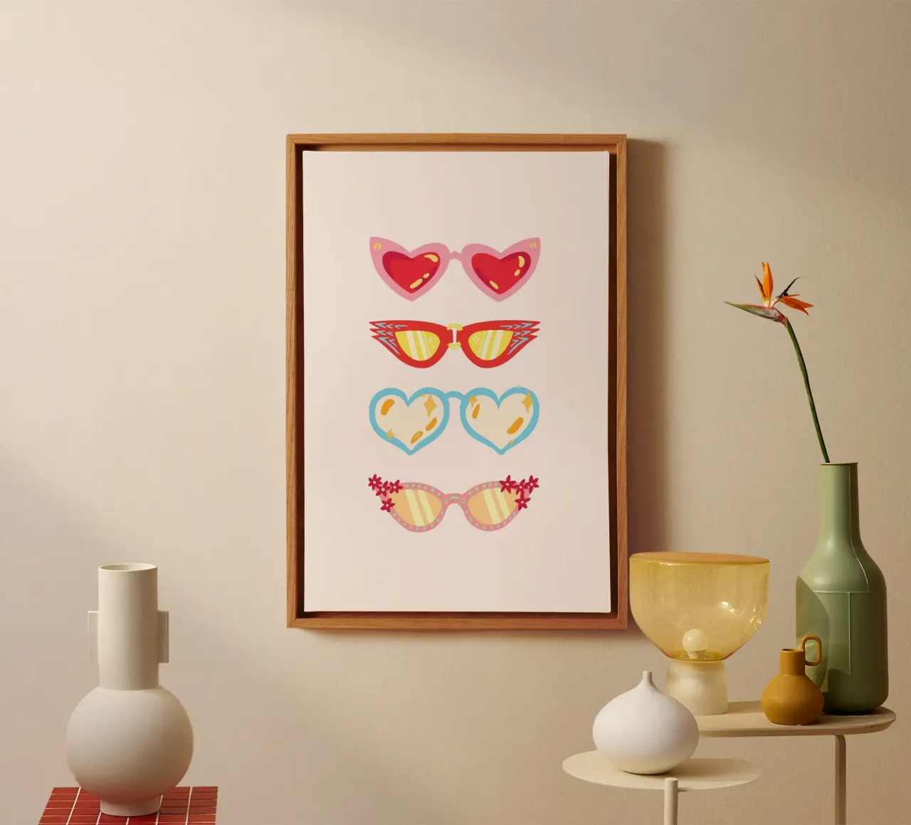 Retro Glam Kleurrijke Zonnebril Pop Art Print canvas met Baklijst van homdeco