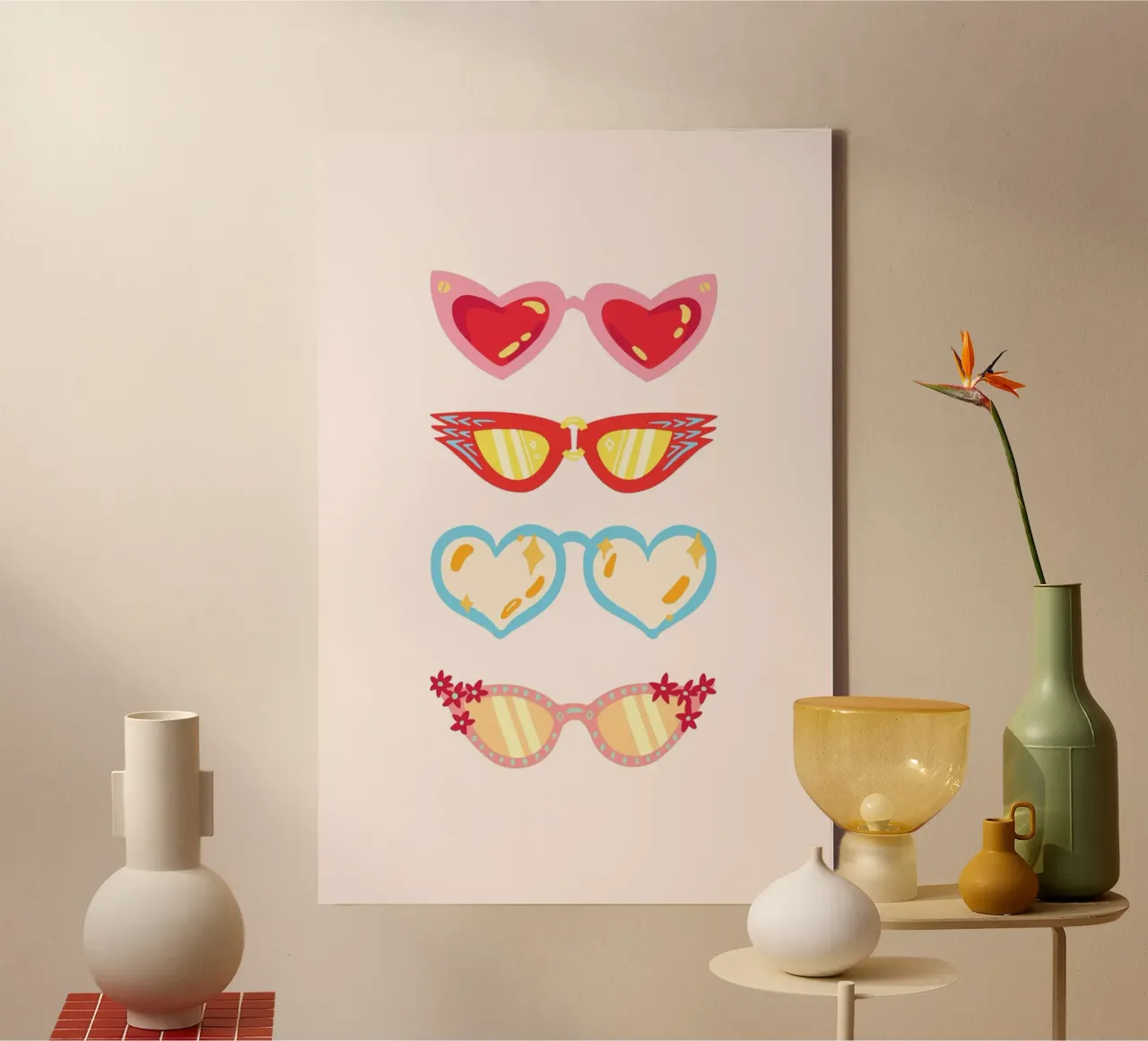 Retro Glam Kleurrijke Zonnebril Pop Art Print canvas met Baklijst van homdeco