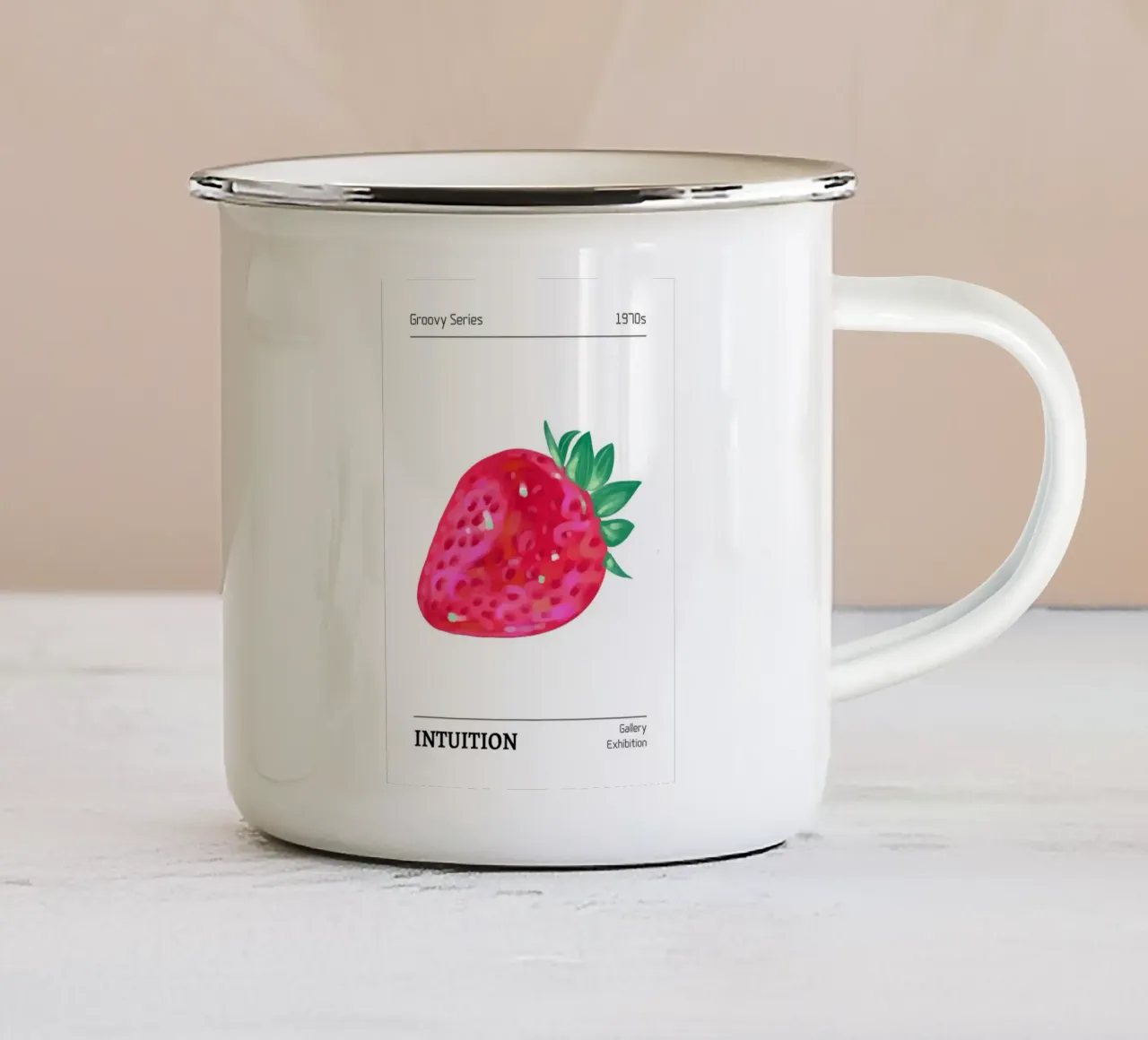 Groovy 1970s Strawberry "Intuition" Pop Art Print emaille mok van homdeco