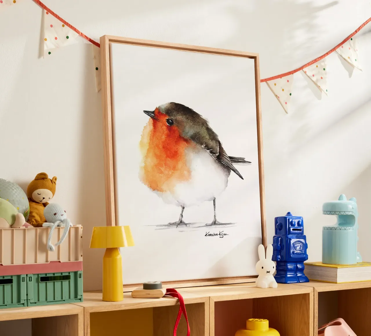 Robin bird canvas with Floater frame by Karolina Kijak