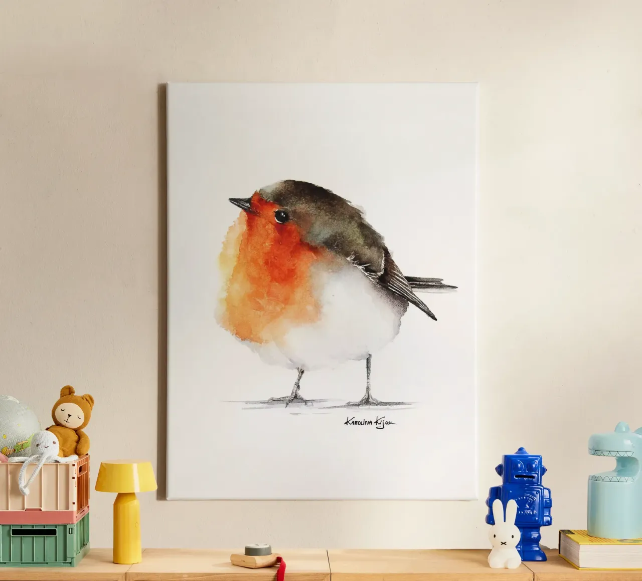 Robin bird canvas with Floater frame by Karolina Kijak