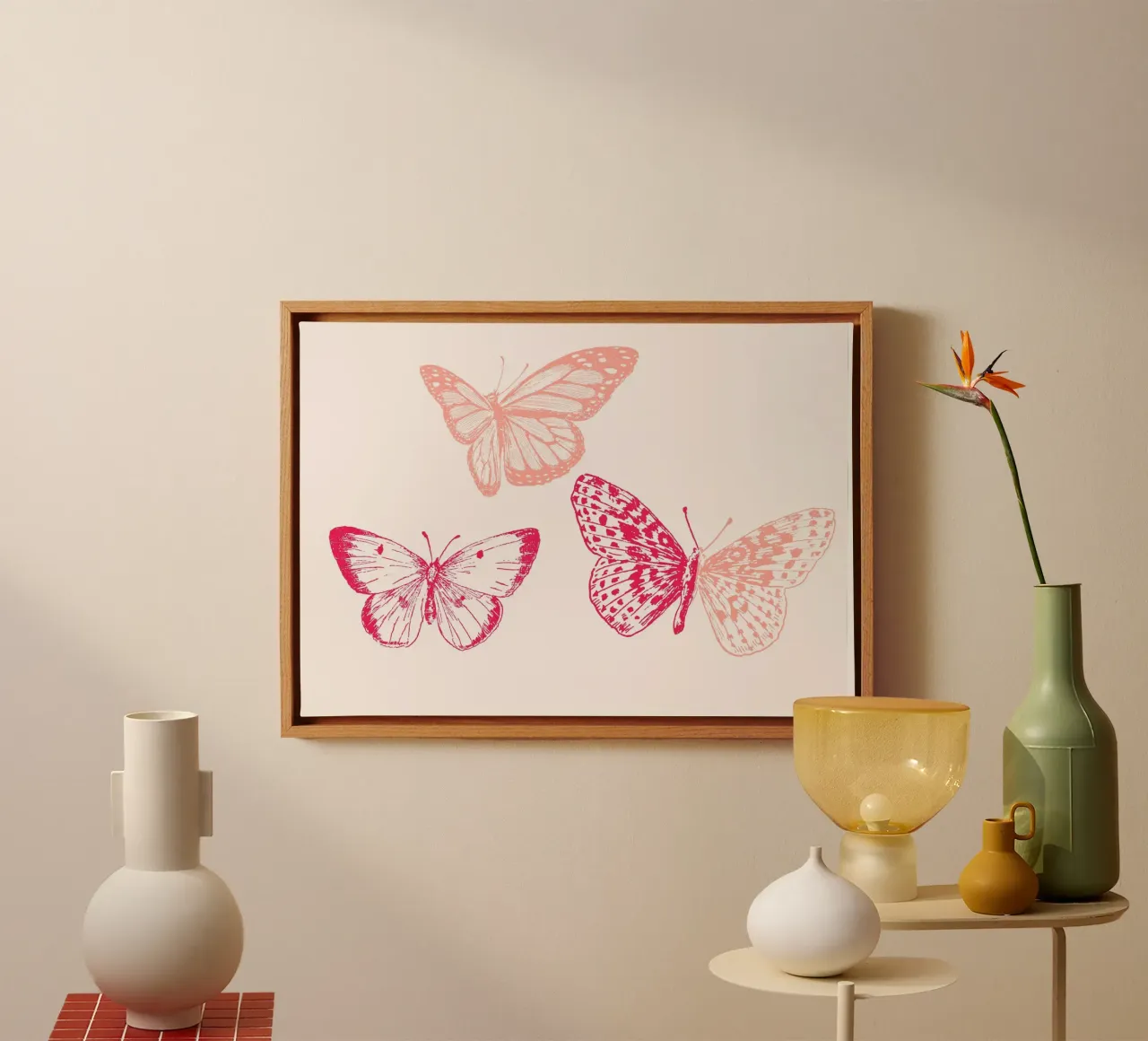 Ätherische Schmetterlinge Rosa & Pfirsich Ästhetische Kunst Leinwand mit Schattenfugenrahmen von homdeco