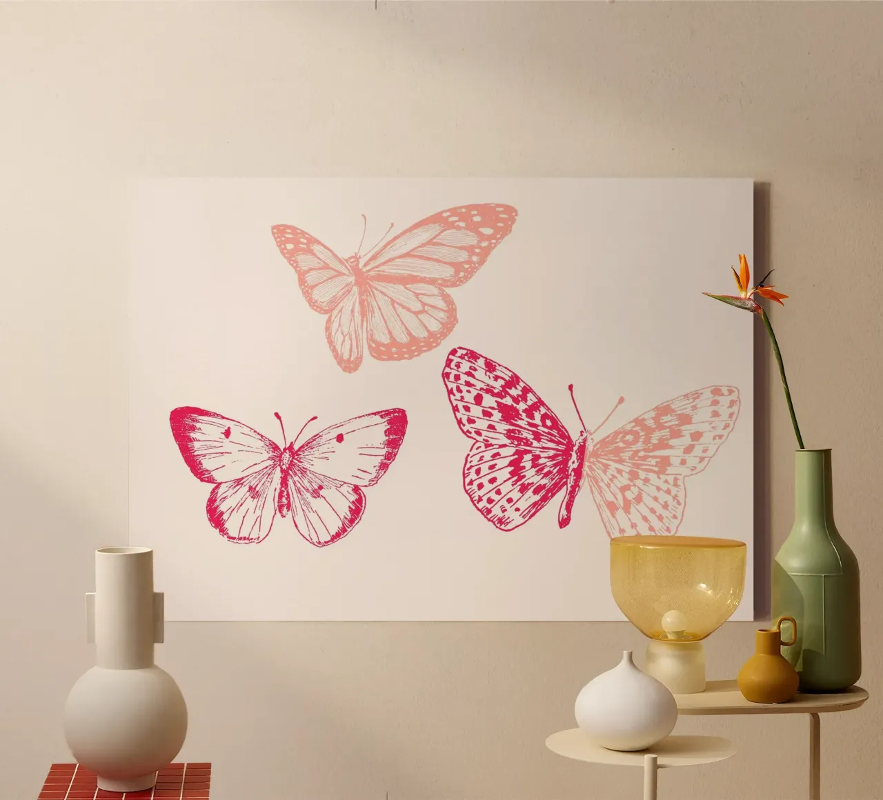 Ätherische Schmetterlinge Rosa & Pfirsich Ästhetische Kunst Leinwand mit Schattenfugenrahmen von homdeco