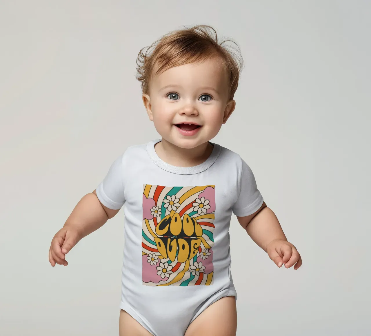 Groovy "Cool Dude" Retro Swirls & Gänseblümchen Kunst Kurzarm Babybody von homdeco