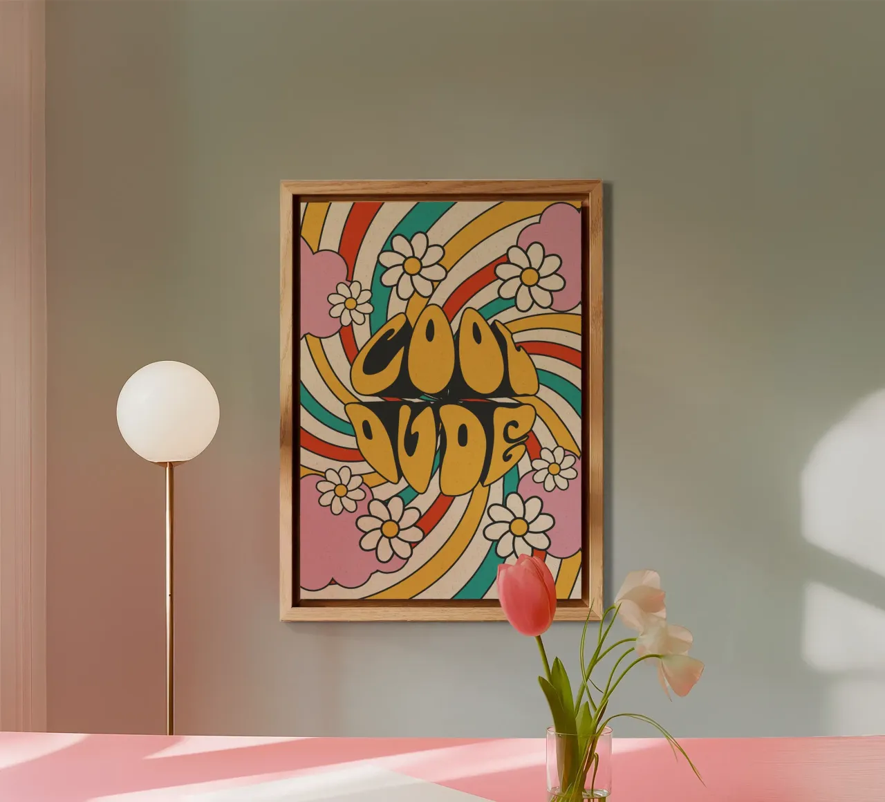 Groovy "Cool Dude" Retro Swirls & Gänseblümchen Kunst Alu-Dibond von homdeco