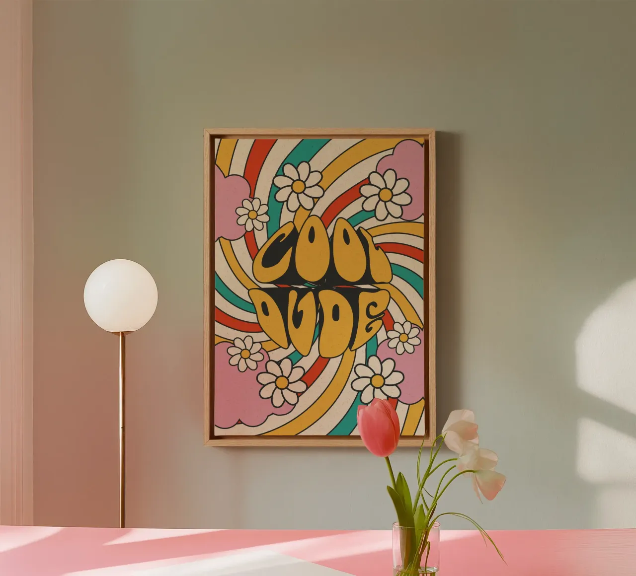 Groovy "Cool Dude" Retro Swirls & Madeliefjes Kunst canvas van homdeco