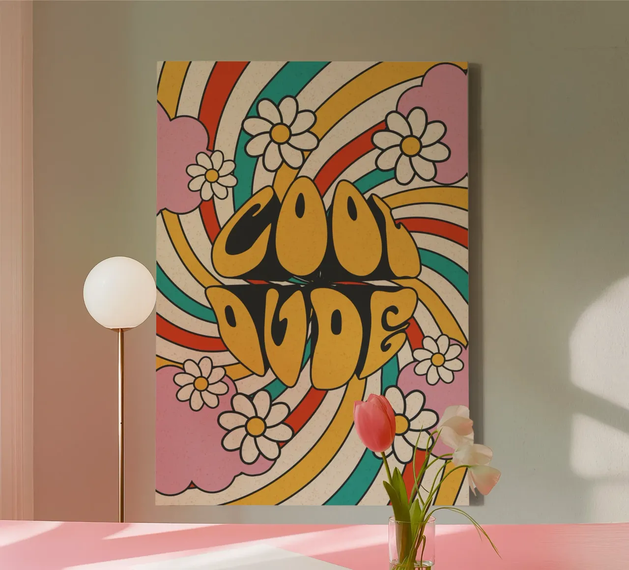 Groovy "Cool Dude" Retro Swirls & Madeliefjes Kunst canvas van homdeco