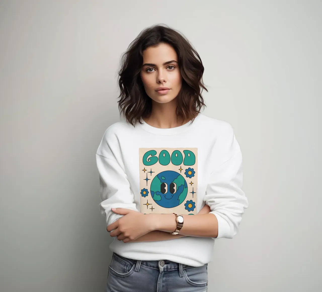 Groovy Good Vibes Earth Day Retro Kunstdruck Sweatshirt von homdeco