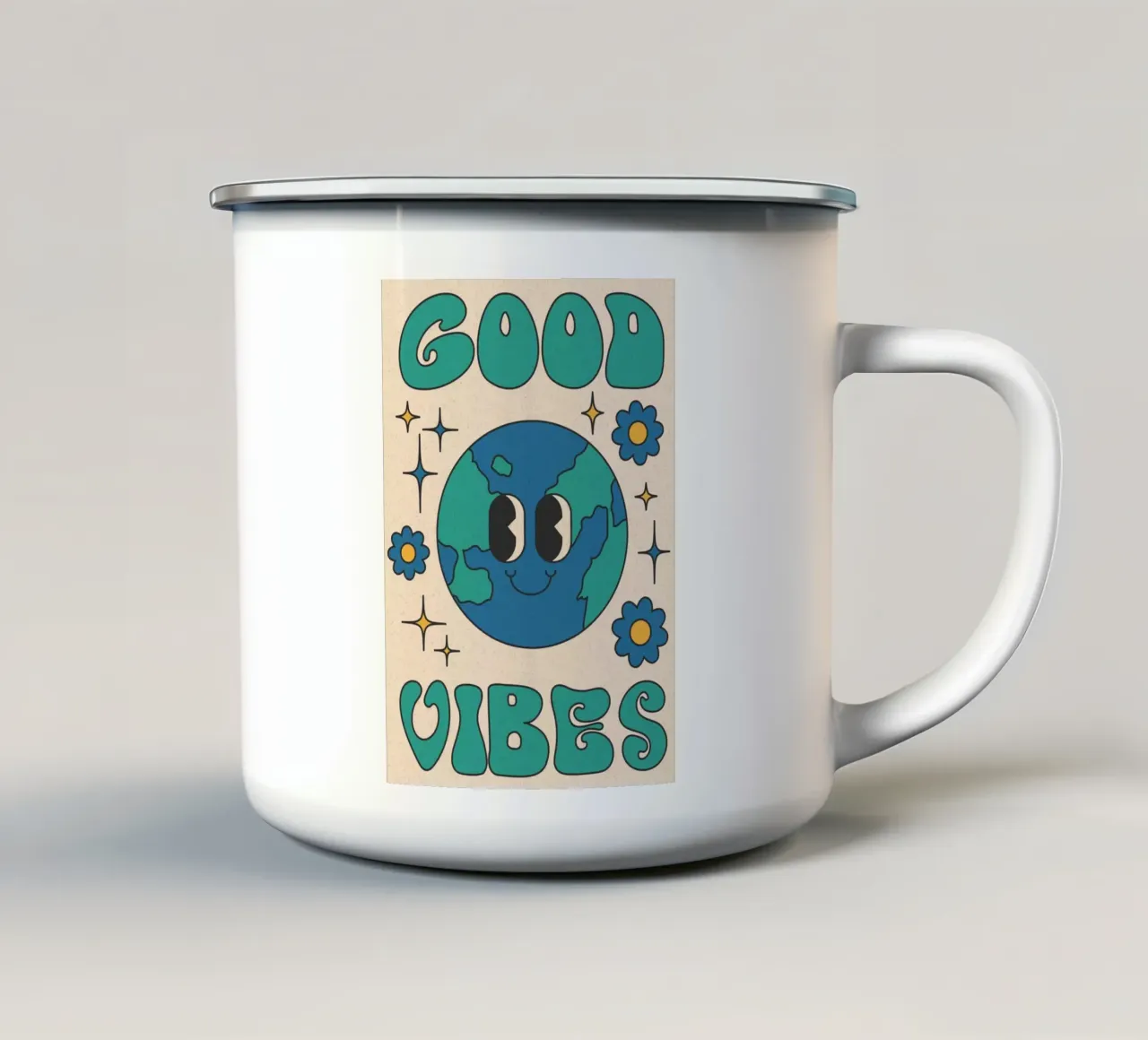 Groovy Good Vibes Earth Day Retro Kunstdruck Emaille Tasse von homdeco